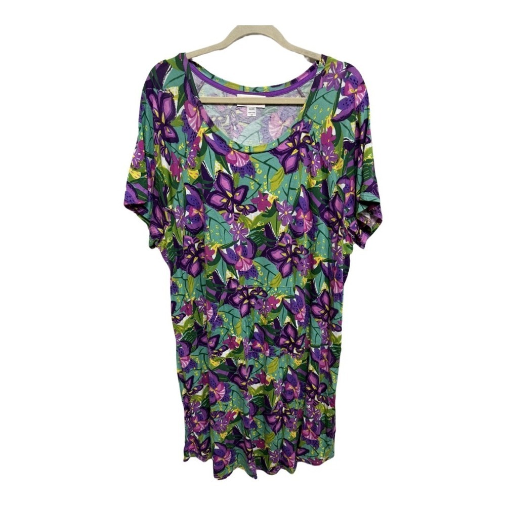 Stan Herman Purple Green Floral Midi Dress Size 2XL Plus Size Short Sleeve